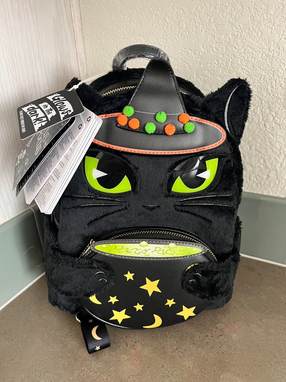 Loungefly Black Witch Cat Mini Backpack with Neon Green Eyes GLOW IN THE DARK